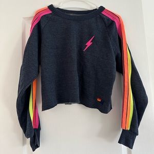 Aviator Nation Bolt Cropped Classic Crewneck in Heather Navy Neon
